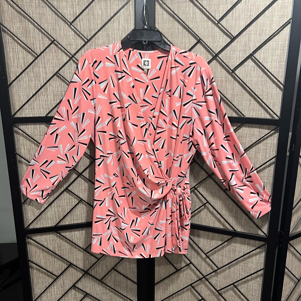 Anne Klein V-Neck Coral Abstract Women's Wrap Blouse - XL